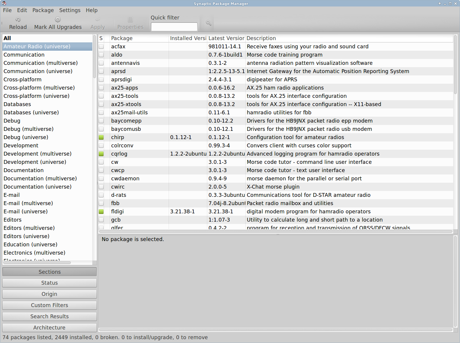 The Synaptic graphical package manager partially showing the “Amateur Radio” section of the Xubuntu LTS repository.
